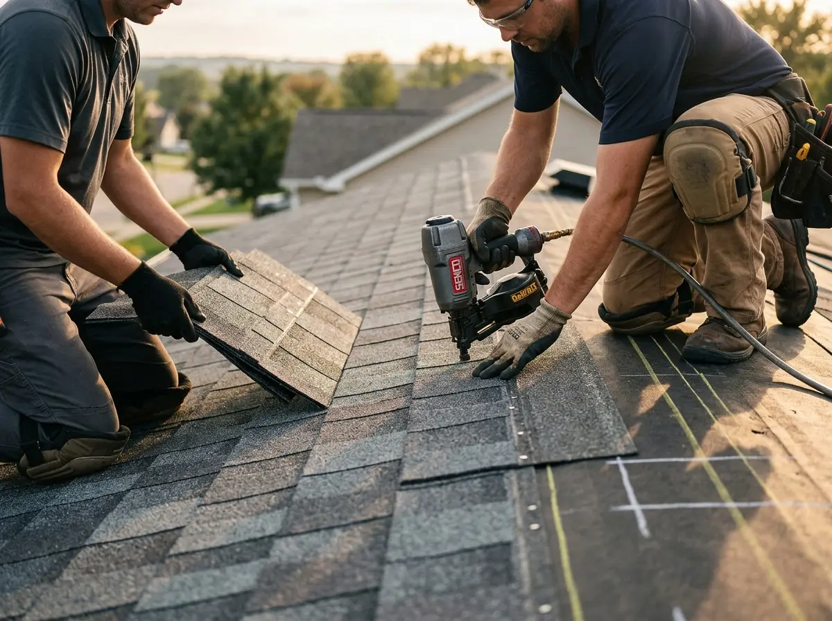 Professional roofer working on a residential roof in Goffstown